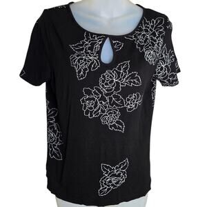 Emma James Womens Floral Top‎ Medium Black White Stretch Cottagecore Whimsygoth